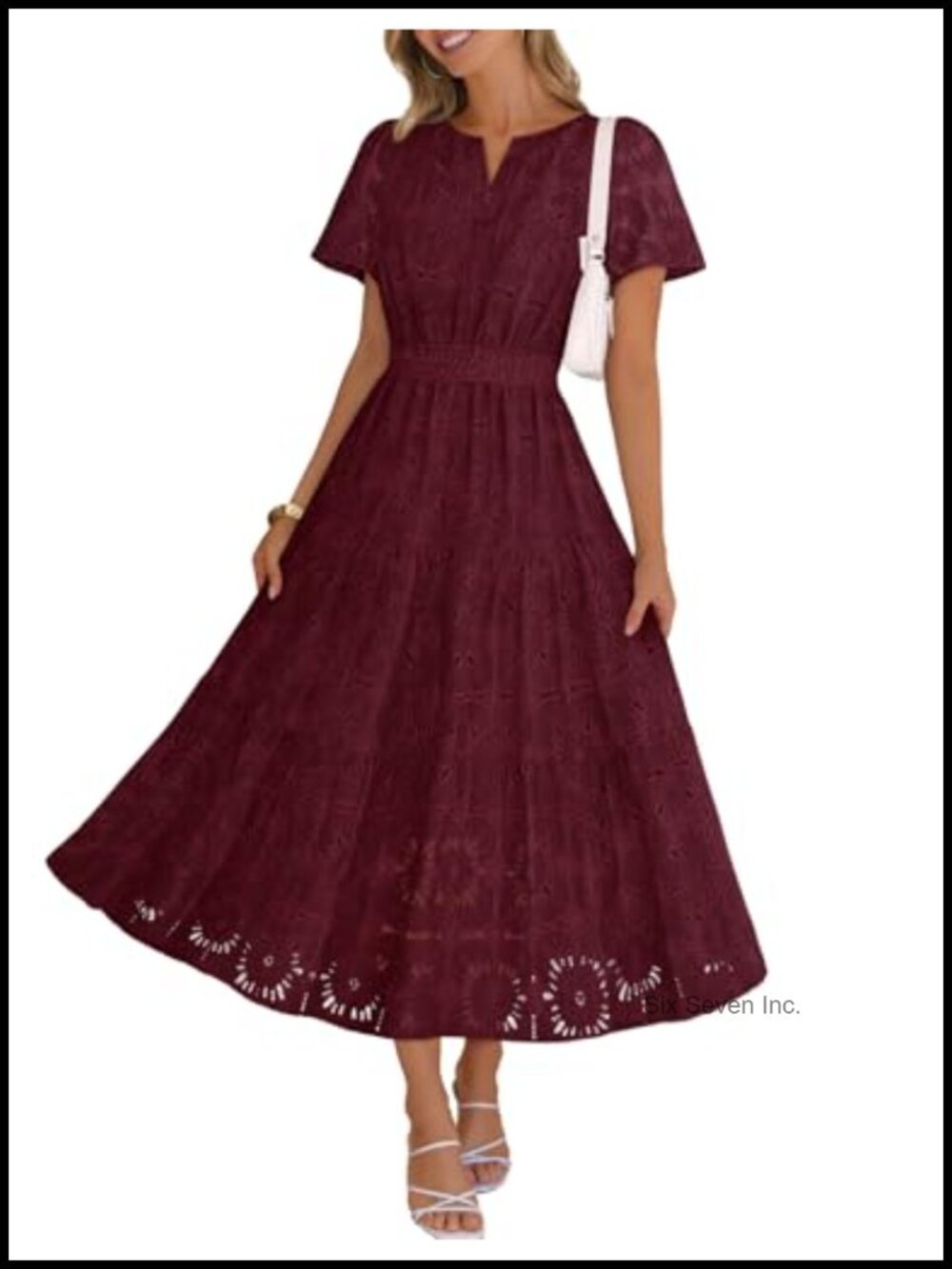 Women's Floral Eyelet Lace Maxi Dress Boho Beach V-Neck Puff Sleeve